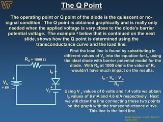 The Q Point
Kristin Ackerson, Virginia Tech EE
Spring 2002
The operating point or Q point of the diode is the quiescent or no-
signal condition. The Q point is obtained graphically and is really only
needed when the applied voltage is very close to the diode’s barrier
potential voltage. The example 3 below that is continued on the next
slide, shows how the Q point is determined using the
transconductance curve and the load line.
+
_
VA
= 6V
ID
RS = 1000 
V
+
First the load line is found by substituting in
different values of V into the equation for ID using
the ideal diode with barrier potential model for the
diode. With RS at 1000 ohms the value of RF
wouldn’t have much impact on the results.
ID = VA – V 
RS
Using V  values of 0 volts and 1.4 volts we obtain
ID values of 6 mA and 4.6 mA respectively. Next
we will draw the line connecting these two points
on the graph with the transconductance curve.
This line is the load line.
 