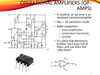 OPERATIONAL AMPLIFIERS (OP-
AMPS)
• In essence, an op-amp is an
idealized transistor/amplifier
• Has > 20 transistors inside
• Idyllic properties:
• linear amplification
• temperature insensitivity
• versatile
• So useful that electronics
builders have trays full of
them, and use them like
“jelly-beans”
10
 