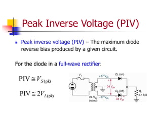 Peak Inverse Voltage (PIV)
 Peak inverse voltage (PIV) – The maximum diode
reverse bias produced by a given circuit.
For the diode in a full-wave rectifier:
(pk)
PIV S
V

(pk)
2
PIV L
V

 