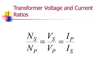 Transformer Voltage and Current
Ratios
S
P
P
S
P
S
I
I
V
V
N
N


 