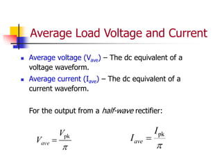 Average Load Voltage and Current
 Average voltage (Vave) – The dc equivalent of a
voltage waveform.
 Average current (Iave) – The dc equivalent of a
current waveform.
For the output from a half-wave rectifier:

pk
V
Vave 

pk
I
Iave 
 
