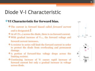 Diode V-I Characteristic
VI Characteristic for forward bias.
 The current in forward biased called forward current
and is designated If.
 At 0V (Vbias) across the diode, there is no forward current.
 With gradual increase of Vbias, the forward voltage and
forward current increases.
 A resistor in series will limit the forward current in order
to protect the diode from overheating and permanent
damage.
 A portion of forward-bias voltage drops across the
limiting resistor.
 Continuing increase of Vf causes rapid increase of
forward current but only a gradual increase in voltage
across diode.
R
IF
BIAS
V
–+
–+
+
–
F
V
B
0.7 V
C
A
0
0
Knee
VF
IF(mA)
5
 