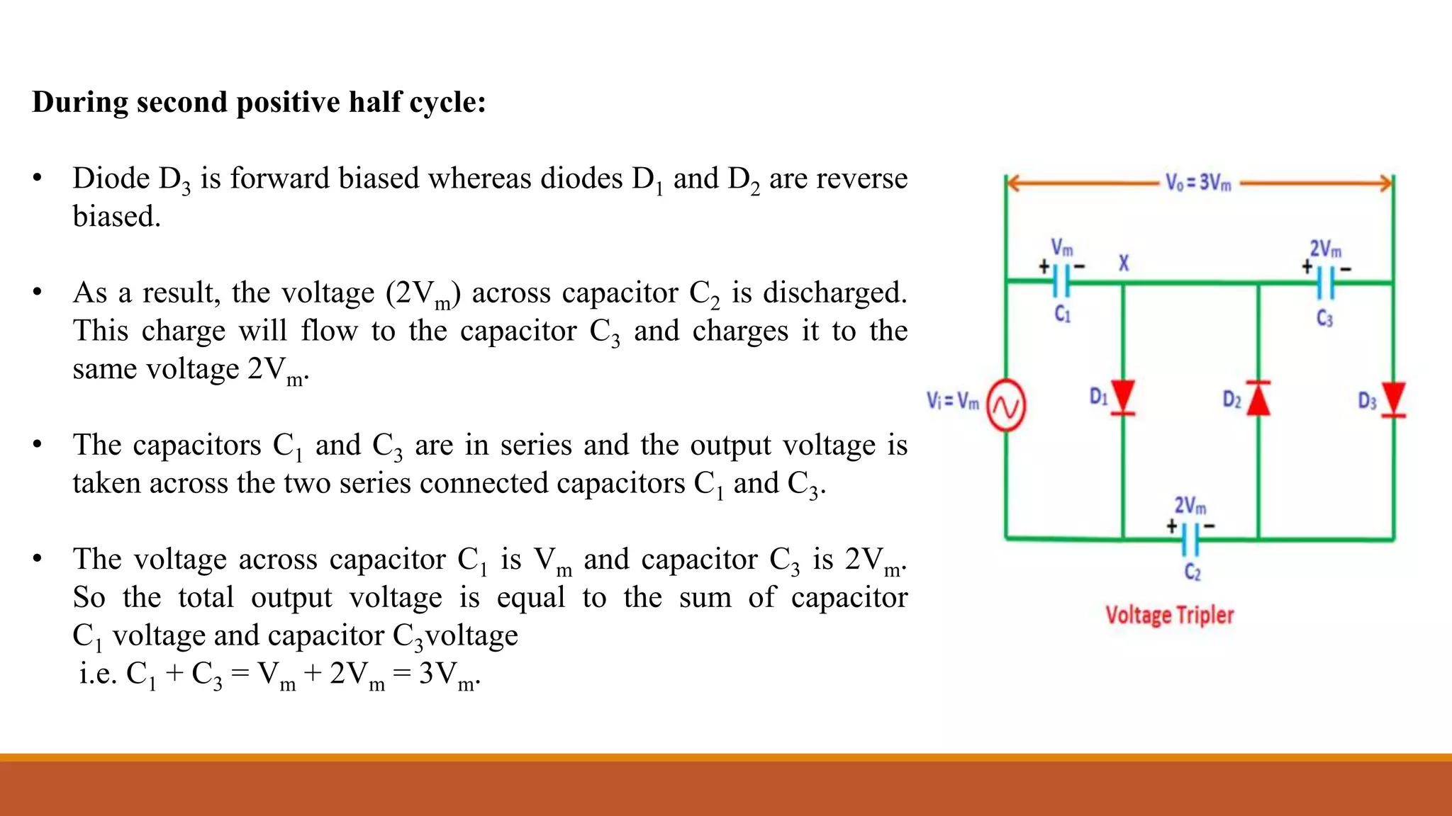 During second positive half cycle:
• Diode D3 is forward biased whereas diodes D1 and D2 are reverse
biased.
• As a result, the voltage (2Vm) across capacitor C2 is discharged.
This charge will flow to the capacitor C3 and charges it to the
same voltage 2Vm.
• The capacitors C1 and C3 are in series and the output voltage is
taken across the two series connected capacitors C1 and C3.
• The voltage across capacitor C1 is Vm and capacitor C3 is 2Vm.
So the total output voltage is equal to the sum of capacitor
C1 voltage and capacitor C3voltage
i.e. C1 + C3 = Vm + 2Vm = 3Vm.
 