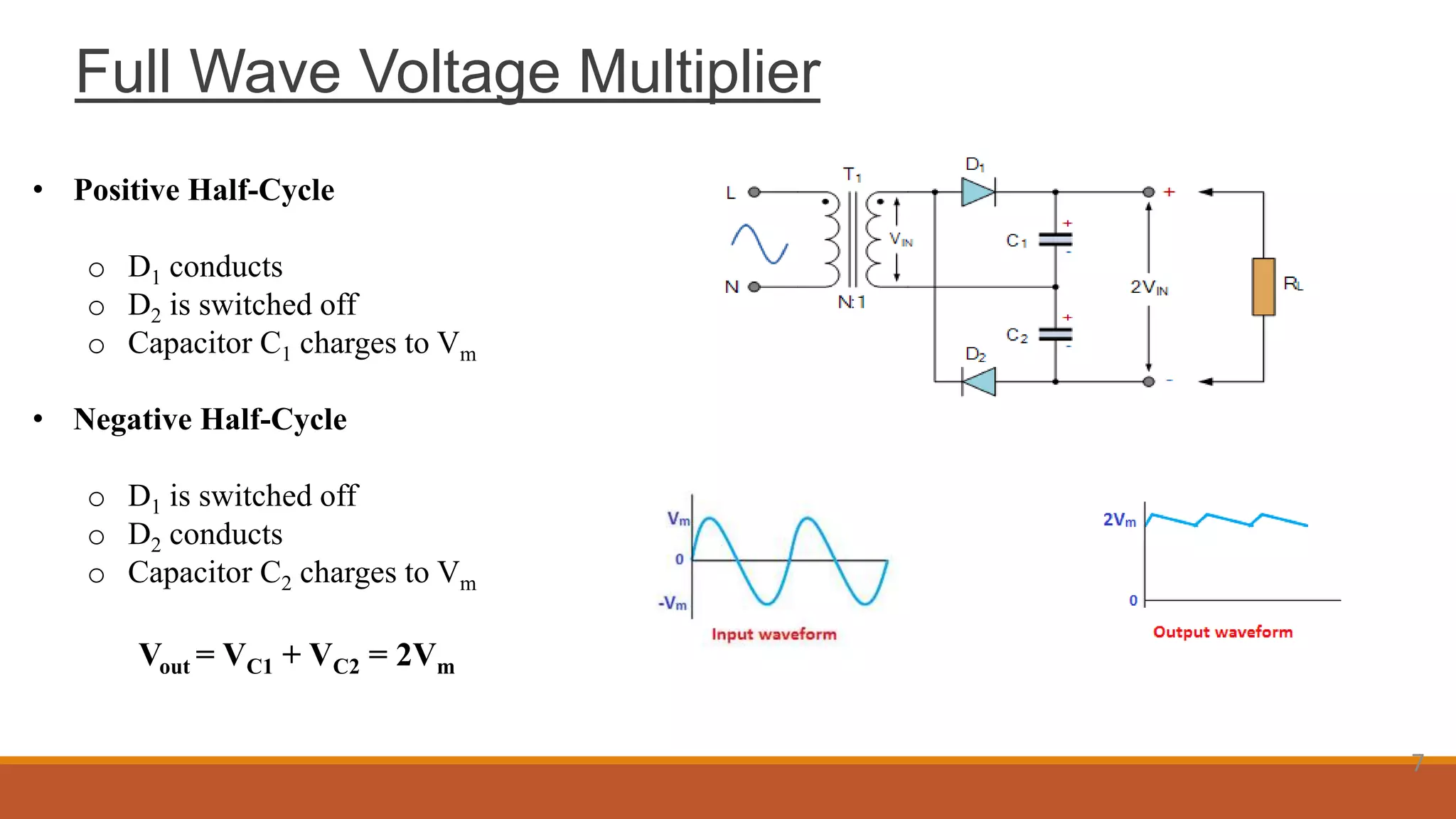7
• Positive Half-Cycle
o D1 conducts
o D2 is switched off
o Capacitor C1 charges to Vm
• Negative Half-Cycle
o D1 is switched off
o D2 conducts
o Capacitor C2 charges to Vm
Full Wave Voltage Multiplier
Vout = VC1 + VC2 = 2Vm
 