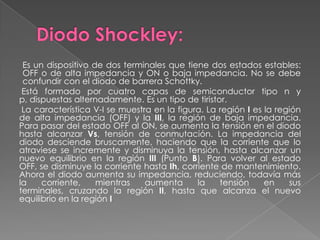 Diodo Shockley:Es un dispositivo de dos terminales que tiene dos estados estables: OFF o de alta impedancia y ON o baja impedancia. No se debe confundir con el diodo de barrera Schottky.Está formado por cuatro capas de semiconductor tipo n y p, dispuestas alternadamente. Es un tipo de tiristor.La característica V-I se muestra en la figura. La región I es la región de alta impedancia (OFF) y la III, la región de baja impedancia. Para pasar del estado OFF al ON, se aumenta la tensión en el diodo hasta alcanzar Vs, tensión de conmutación. La impedancia del diodo desciende bruscamente, haciendo que la corriente que lo atraviese se incremente y disminuya la tensión, hasta alcanzar un nuevo equilibrio en la región III (Punto B). Para volver al estado OFF, se disminuye la corriente hasta Ih, corriente de mantenimiento. Ahora el diodo aumenta su impedancia, reduciendo, todavía más la corriente, mientras aumenta la tensión en sus terminales, cruzando la región II, hasta que alcanza el nuevo equilibrio en la región I