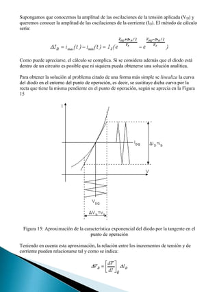 Supongamos que conocemos la amplitud de las oscilaciones de la tensión aplicada (VD) y
queremos conocer la amplitud de las oscilaciones de la corriente (ID). El método de cálculo
sería:




Como puede apreciarse, el cálculo se complica. Si se considera además que el diodo está
dentro de un circuito es posible que ni siquiera pueda obtenerse una solución analítica.

Para obtener la solución al problema citado de una forma más simple se linealiza la curva
del diodo en el entorno del punto de operación, es decir, se sustituye dicha curva por la
recta que tiene la misma pendiente en el punto de operación, según se aprecia en la Figura
15




 Figura 15: Aproximación de la característica exponencial del diodo por la tangente en el
                                  punto de operación

Teniendo en cuenta esta aproximación, la relación entre los incrementos de tensión y de
corriente pueden relacionarse tal y como se indica:
 