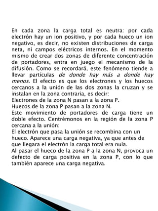 En cada zona la carga total es neutra: por cada
electrón hay un ion positivo, y por cada hueco un ion
negativo, es decir, no existen distribuciones de carga
neta, ni campos eléctricos internos. En el momento
mismo de crear dos zonas de diferente concentración
de portadores, entra en juego el mecanismo de la
difusión. Como se recordará, este fenómeno tiende a
llevar partículas de donde hay más a donde hay
menos. El efecto es que los electrones y los huecos
cercanos a la unión de las dos zonas la cruzan y se
instalan en la zona contraria, es decir:
Electrones de la zona N pasan a la zona P.
Huecos de la zona P pasan a la zona N.
Este movimiento de portadores de carga tiene un
doble efecto. Centrémonos en la región de la zona P
cercana a la unión:
El electrón que pasa la unión se recombina con un
hueco. Aparece una carga negativa, ya que antes de
que llegara el electrón la carga total era nula.
Al pasar el hueco de la zona P a la zona N, provoca un
defecto de carga positiva en la zona P, con lo que
también aparece una carga negativa.
 
