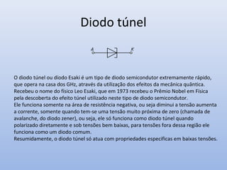 Diodo túnel


O diodo túnel ou díodo Esaki é um tipo de diodo semicondutor extremamente rápido,
que opera na casa dos GHz, através da utilização dos efeitos da mecânica quântica.
Recebeu o nome do físico Leo Esaki, que em 1973 recebeu o Prêmio Nobel em Física
pela descoberta do efeito túnel utilizado neste tipo de diodo semicondutor.
Ele funciona somente na área de resistência negativa, ou seja diminui a tensão aumenta
a corrente, somente quando tem-se uma tensão muito próxima de zero (chamada de
avalanche, do diodo zener), ou seja, ele só funciona como diodo túnel quando
polarizado diretamente e sob tensões bem baixas, para tensões fora dessa região ele
funciona como um diodo comum.
Resumidamente, o diodo túnel só atua com propriedades especificas em baixas tensões.
 
