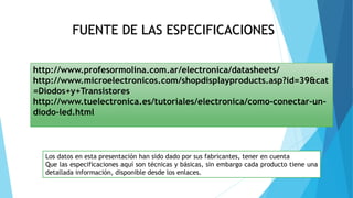 FUENTE DE LAS ESPECIFICACIONES
http://www.profesormolina.com.ar/electronica/datasheets/
http://www.microelectronicos.com/shopdisplayproducts.asp?id=39&cat
=Diodos+y+Transistores
http://www.tuelectronica.es/tutoriales/electronica/como-conectar-un-
diodo-led.html
Los datos en esta presentación han sido dado por sus fabricantes, tener en cuenta
Que las especificaciones aquí son técnicas y básicas, sin embargo cada producto tiene una
detallada información, disponible desde los enlaces.
 