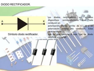 DIODO RECTIFICADOR.
Los diodos rectificadores son aquellos
dispositivos semiconductores que solo
conducen en
polarización directa (arriba de 0.7 V) y en
polarización inversa no conducen. Estas
características
son las que permite a este tipo de diodo
rectificar una señal.
 