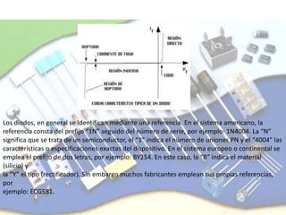 Los diodos, en general se identifican mediante una referencia. En el sistema americano, la
referencia consta del prefijo “1N” seguido del número de serie, por ejemplo: 1N4004. La “N”
significa que se trata de un semiconductor, el “1” indica el número de uniones PN y el “4004” las
características o especificaciones exactas del dispositivo. En el sistema europeo o continental se
emplea el prefijo de dos letras, por ejemplo: BY254. En este caso, la “B” indica el material
(silicio) y
la “Y” el tipo (rectificador). Sin embargo muchos fabricantes emplean sus propias referencias,
por
ejemplo: ECG581.
 