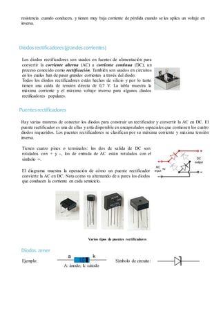 resistencia cuando conducen, y tienen muy baja corriente de pérdida cuando se les aplica un voltaje en
inversa.
Diodosrectificadores(grandescorrientes)
Los diodos rectificadores son usados en fuentes de alimentación para
convertir la corriente alterna (AC) a corriente continua (DC), un
proceso conocido como rectificación. También son usados en circuitos
en los cuales han de pasar grandes corrientes a través del diodo.
Todos los diodos rectificadores están hechos de silicio y por lo tanto
tienen una caída de tensión directa de 0,7 V. La tabla muestra la
máxima corriente y el máximo voltaje inverso para algunos diodos
rectificadores populares.
Puentesrectificadores
Hay varias maneras de conectar los diodos para construir un rectificador y convertir la AC en DC. El
puente rectificador es una de ellas y está disponible en encapsulados especiales que contienen los cuatro
diodos requeridos. Los puentes rectificadores se clasifican por su máxima corriente y máxima tensión
inversa.
Tienen cuatro pines o terminales: los dos de salida de DC son
rotulados con + y -, los de entrada de AC están rotulados con el
símbolo ~.
El diagrama muestra la operación de cómo un puente rectificador
convierte la AC en DC. Nota como va alternando de a pares los diodos
que conducen la corriente en cada semiciclo.
Varios tipos de puentes rectificadores
Diodos zener
Ejemplo:
A: ánodo; k: cátodo
Símbolo de circuito:
 