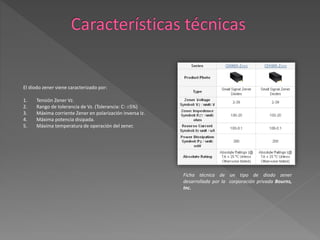 El diodo zener viene caracterizado por:
1. Tensión Zener Vz.
2. Rango de tolerancia de Vz. (Tolerancia: C: ±5%)
3. Máxima corriente Zener en polarización inversa Iz.
4. Máxima potencia disipada.
5. Máxima temperatura de operación del zener.
Ficha técnica de un tipo de diodo zener
desarrollada por la corporación privada Bourns,
Inc.
 