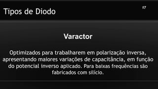 Tipos de Diodo
17
Varactor
Optimizados para trabalharem em polarização inversa,
apresentando maiores variações de capacitância, em função
do potencial inverso aplicado. Para baixas frequências são
fabricados com silício.
 