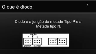 O que é diodo
Diodo é a junção da metade Tipo P e a
Metade tipo N.
1
 