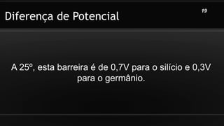 Diferença de Potencial
A 25º, esta barreira é de 0,7V para o silício e 0,3V
para o germânio.
19
 