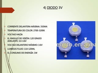 4) DIODO 3V
 CORRIENTE DELANTERA MÁXIMA: 350MA
 TEMPERATURA DE COLOR: 2700-3200K
 VOLTAJE HACIA
 EL ÁNGULO DE VISIÓN: 120 GRADO
ADELANTE: 3.0-3.6V
 VOLTAJE DELANTERO MÁXIMO: 3.6V
 LUMIOUS FLUJO: 110-120ML
 EL CONSUMO DE ENERGÍA: 1W
 