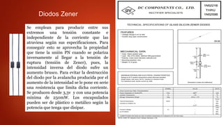 Diodos Zener
Se emplean para producir entre sus
extremos una tensión constante e
independiente de la corriente que las
atraviesa según sus especificaciones. Para
conseguir esto se aprovecha la propiedad
que tiene la unión PN cuando se polariza
inversamente al llegar a la tensión de
ruptura (tensión de Zener), pues, la
intensidad inversa del diodo sufre un
aumento brusco. Para evitar la destrucción
del diodo por la avalancha producida por el
aumento de la intensidad se le pone en serie
una resistencia que limita dicha corriente.
Se producen desde 3,3v y con una potencia
mínima de 250mW. Los encapsulados
pueden ser de plástico o metálico según la
potencia que tenga que disipar.
 