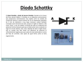 Diodo Schottky 
El diodo Schottky o diodo de barrera Schottky, llamado así en honor 
del físico alemán Walter H. Schottky, es un dispositivo semiconductor 
que proporciona conmutaciones muy rápidas entre los estados de 
conducción directa e inversa (menos de 1ns en dispositivos pequeños 
de 5 mm de diámetro) y muy bajas tensiones umbral (también 
conocidas como tensiones de codo, aunque en inglés se refieren a ella 
como "knee", o sea, de rodilla). La tensión de codo es la diferencia de 
potencial mínima necesaria para que el diodo actúe como conductor en 
lugar de circuito abierto; esto, claro, dejando de lado la región Zener, 
que es cuando más bien existe una diferencia de potencial lo 
suficientemente negativa para que a pesar de estar polarizado en contra 
del flujo de corriente- éste opere de igual forma como lo haría 
regularmente. 
Telesup 2014 12 
 