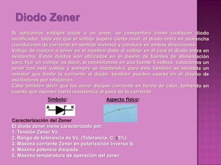 Diodo Zener
Si aplicamos voltajes bajos a un zener, se comportará como cualquier diodo
rectificador, toda vez que el voltaje supere cierto nivel, el diodo entra en avalancha
(conducción de corriente en sentido inverso) y conduce en ambas direcciones.
Voltaje de ruptura o zener es el nombre dado al voltaje en el cual el diodo entra en
avalancha. Estos diodos son utilizados en el diseño de fuentes de alimentación
para, fijar un voltaje, es decir, si necesitamos en una fuente 5 voltios, colocamos un
zener con este voltaje y siempre se mantendrá, para esto también se necesita un
resistor que limite la corriente al diodo; también pueden usarse en el diseño de
osciladores por relajación.
Cabe también decir que los zener disipan corriente en forma de calor, tomando en
cuenta que oponen cierta resistencia al paso de la corriente.




Caracterización del Zener
El diodo zener viene caracterizado por:
1. Tensión Zener Vz.
2. Rango de tolerancia de Vz. (Tolerancia: C: 5%)
3. Máxima corriente Zener en polarización inversa Iz.
4. Máxima potencia disipada.
5. Máxima temperatura de operación del zener.
 