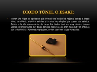 •

Tienen una región de operación que produce una resistencia negativa debido al efecto
túnel, permitiendo amplificar señales y circuitos muy simples que poseen dos estados.
Debido a la alta concentración de carga, los diodos túnel son muy rápidos, pueden
usarse en temperaturas muy bajas, campos magnéticos de gran magnitud y en entornos
con radiación alta. Por estas propiedades, suelen usarse en viajes espaciales.

 