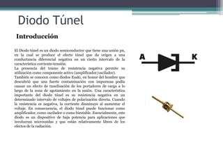 Diodo Túnel
Introducción
El Diodo túnel es un diodo semiconductor que tiene una unión pn,
en la cual se produce el efecto túnel que da origen a una
conductancia diferencial negativa en un cierto intervalo de la
característica corriente-tensión.
La presencia del tramo de resistencia negativa permite su
utilización como componente activo (amplificador/oscilador).
También se conocen como diodos Esaki, en honor del hombre que
descubrió que una fuerte contaminación con impurezas podía
causar un efecto de tunelización de los portadores de carga a lo
largo de la zona de agotamiento en la unión. Una característica
importante del diodo túnel es su resistencia negativa en un
determinado intervalo de voltajes de polarización directa. Cuando
la resistencia es negativa, la corriente disminuye al aumentar el
voltaje. En consecuencia, el diodo túnel puede funcionar como
amplificador, como oscilador o como biestable. Esencialmente, este
diodo es un dispositivo de baja potencia para aplicaciones que
involucran microondas y que están relativamente libres de los
efectos de la radiación.

 