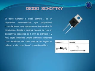 El diodo Schottky o diodo barrera , es un
dispositivo semiconductor que proporciona
conmutaciones muy rápidas entre los estados de
conducción directa e inversa (menos de 1ns en
dispositivos pequeños de 5 mm de diámetro ) y
muy bajas tensiones umbral (también conocidas
como tensiones de codo ,aunque en inglés se
refieren a ella como “knee”, o sea de rodilla ).
 