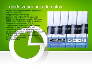 • máximo típico de coeficiente de temperatura&
delta; vbr = 0.1% x
• Vbr@25& deg; c x& delta; tç
• pasivado chip unión p600 en el paquete
• 5000w pico del pulso en capadility 10& veces;
1000& mu; s de forma de onda, la repetición
• Tasa de( ciclos de trabajo): 0.01%
• rápido tiempo de respuesta: por lo general
menosde1.0ps de 0 voltios a bv min
• ir menos de 5& mu; por encima de un 12v
• de alta temperatura de soldadura garantiza: 260&
deg; c/40 segundos/
0.375& y rdquo;,( 9.5mm) plomo longitud, 5
libras.,( 2.3kg) la tensión
de inflamabilidad
diodo zener hoja de datos
 