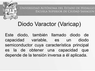 Este diodo, también llamado diodo de
capacidad variable, es un diodo
semiconductor cuya característica principal
es la de obtener una capacidad que
depende de la tensión inversa a él aplicada.
Diodo Varactor (Varicap)
 