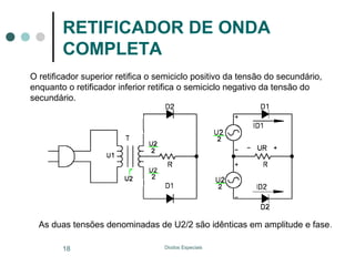 RETIFICADOR DE ONDA
COMPLETA
O retificador superior retifica o semiciclo positivo da tensão do secundário,
enquanto o retificador inferior retifica o semiciclo negativo da tensão do
secundário.

As duas tensões denominadas de U2/2 são idênticas em amplitude e fase.
18

Diodos Especiais

 
