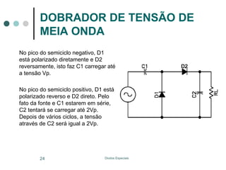 DOBRADOR DE TENSÃO DE
MEIA ONDA
No pico do semiciclo negativo, D1
está polarizado diretamente e D2
reversamente, isto faz C1 carregar até
a tensão Vp.
No pico do semiciclo positivo, D1 está
polarizado reverso e D2 direto. Pelo
fato da fonte e C1 estarem em série,
C2 tentará se carregar até 2Vp.
Depois de vários ciclos, a tensão
através de C2 será igual a 2Vp.

24

Diodos Especiais

 