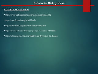 Referencias BibliográficasReferencias Bibliográficas
CONSULTAS EN LINEA:CONSULTAS EN LINEA:
•https://www.definicionabc.com/tecnologia/diodo.php
•https://es.wikipedia.org/wiki/Diodo
•http://www.ifent.org/lecciones/diodo/curva.asp
•https://es.slideshare.net/fredyyupanqui33/diodos-34651597
•https://sites.google.com/site/electronica4bys/tipos-de-diodos
 