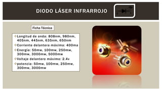 Longitud de onda: 808nm, 980nm,
405nm, 445nm, 635nm, 650nm
Corriente delantera máxima: 400ma
Energía: 50mw, 100mw, 250mw,
300mw, 3000mw, 5000mw
Voltaje delantero máximo: 2.4v
potencia: 50mw, 100mw, 250mw,
300mw, 3000mw
DIODO LÁSER INFRARROJO
Ficha Técnica
 