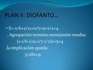 PLAN II: DIOFANTO…X= x/6+x/12+x/7+5+x/2+4  . Agrupación termino semejantes resulta:          (1-1/6-1/12-1/7-1/2)x=5+4.la implicación queda:                 3/28x=9.