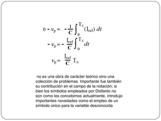  no es una obra de carácter teórico sino una colección de problemas. Importante fue también su contribución en el campo de la notación; si bien los símbolos empleados por Diofanto no son como los concebimos actualmente, introdujo importantes novedades como el empleo de un símbolo único para la variable desconocida