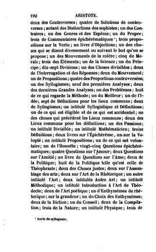192 AMST0TE. 
deux des Controverses; quatre de Solutions de contro­verses 
; autant des Distinctions des sophistes ; un des Con­traires; 
un des Genres et des Espèces; un du Propre; 
trois de Commentaires épichérématiques * ; trois propo­sitions 
sur la Yertu ; un livre d'Objections; un des cho­ses 
qui se disent diversement ou suivant le but qu'on se 
propose ; un des Mouvements de la colère ; cinq de Mo- 
'raie; trois des Éléments; un de la Science; un du Prin­cipe 
; dix-sept Divisions ; un des Choses divisibles ; deux 
de l'Interrogation et des Réponses ; deux du Mouvement; 
un de Propositions ; quatre des Proportions controversées; 
un des Syllogismes; neuf des premières Analyses; deux 
des dernières Grandes Analyses; un des Problèmes ; huit 
de'ce qui regarde la Méthode; un du Meilleur; un de l'I­dée; 
sept de Définitions pour les lieux communs; deux 
de Syllogismes; un intitulé Syllogistique et Définitions; 
un de ce qui est élîgible et de ce qui est accidentel ; un 
des choses qui précèdent les Lieux communs ; deux des 
Lieux communs pour les définitions; un des Passions; 
un intitulé Divisible ; un intitulé Mathématicien ; treize 
Définitions ; deux livres sur l'Épichérème , un-sur la Vo-lupté 
; un intitulé Propositions ; un de ce qui est volon­taire; 
un de l'Honnête ; vingt-cinq Questions épichéré­matiques; 
quatre Questions sur l'Amour; deux Questions 
sur l'Amitié; un livre de Questions sur l'Ame; deux de 
la Politique; huit de la Politique telle qu'est celle de 
Théophraste; deux des Choses justes; deux sur l'Assem­blage 
des arts ; deux sur l'Art de la Rhétorique ; un autre 
intitulé l'Art; deux intitulés Autre Art; un intitulé 
Méthodique; un intitulé Introduction à l'Art de Théo-decte; 
deux de l'Art poétique ; un d'Enthymèmes de rhé­torique 
; sur la grandeur ; un du Choix des Enthymêmes; 
deux de la Diction ; un du Conseil ; deux de la Compila­tion; 
trois de la Nature; un intitulé Physique; trois de 
4 Sorte de syllogisme. 
 