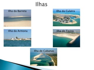 Ilha da Barreta Ilha da Culatra
Ilha da Armona Ilha de Tavira
Ilha de Cabanas
 