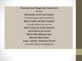 Francisco das Chagas dos Santos Lira 
Gestor 
Raimunda Cunha dos Santos 
Coordenadora administrativa 
Maria Salete da Silva Cardozo 
Coordenadora de ensino 
Maria Lúcia da Costa Amorim 
Lúcia Maria do Carmo 
Maria Rita Albuquerque 
Manoel Melo Neto 
Jorge Lizardo Cayotopa Acosta 
Coordenadores pedagógicos 
 
