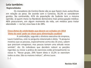 Leia também: 
Regionalidades 
Os moradores do Centro-Oeste são os que fazem mais autocríticas 
em relação ao peso. De acordo com o Conecta, 56,3% se consideram 
gordos. Na contramão, 41% da população do Sudeste tem a mesma 
opinião. Já quem mora no Nordeste demonstra mais preocupação médica: 
46% procuraram, em algum momento da vida, um médico para tratar 
obesidade — no Sul, essa taxa é de 28%. 
Cinco dietas de celebridades que devem ser evitadas em 2014 
'Dieta da vovó' pode ser chave para alimentação saudável 
A contradição, segundo a diretora executiva da empresa, 
Laure Castelnau, está na pergunta relacionada à dieta. "A pesquisa 
mostrou que as pessoas, especialmente acima dos 35 anos, sabem 
que precisam emagrecer, mas poucas tomam uma atitude nesse 
sentido", diz. Os indivíduos que decidem reduzir as porções 
ingeridas ou iniciar a prática de exercícios estão principalmente na 
classe A. "Nesse grupo, 29% fazem dieta e 13,2% se exercitam 
todos os dias. São os maiores índices", afirma Laure. 
[...] 
Revista VEJA 
 