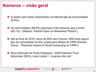 Números – visão geral

   O sector com maior crescimento na Internet são as comunidades
   (5.4%);

   As comunidades (66.8%) alcançam mais pessoas que o email
   (65.1%) - (Nielsen “Global Faces on Networked Places”);

   Até ao final de 2010, cerca de 60% das Fortune 1000 terão algum
   tipo de comunidade on-line criada para efeitos de CRM (Gartner
   Group - “Business Impact of Social Computing on CRM”);

   Nova definição de Fonte Fidedigna - 2008 Edelman Trust
   Barometer (56%), most trusted – “a person like me.”.




                                                                     18
 