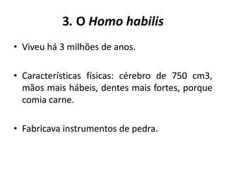 3. O Homo habilisViveu há 3 milhões de anos.Características físicas: cérebro de 750 cm3, mãos mais hábeis, dentes mais fortes, porque comia carne.Fabricava instrumentos de pedra.