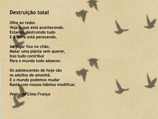 Destruição total
Olhe ao redor.
Veja o que está acontecendo.
Estamos destruindo tudo
E a Terra está perecendo.
Ao jogar lixo no chão,
Matar uma planta sem querer,
Isso tudo contribui
Para o mundo todo adoecer.
Os adolescentes de hoje são
os adultos de amanhã.
E o mundo podemos mudar
Basta com nossos hábitos modificar.
Pedro de Lima França
 