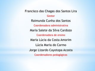 Francisco das Chagas dos Santos Lira
Gestor
Raimunda Cunha dos Santos
Coordenadora administrativa
Maria Salete da Silva Cardozo
Coordenadora de ensino
Maria Lúcia da Costa Amorim
Lúcia Maria do Carmo
Jorge Lizardo Cayotopa Acosta
Coordenadores pedagógicos
 