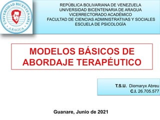 REPÚBLICA BOLIVARIANA DE VENEZUELA
UNIVERSIDAD BICENTENARIA DE ARAGUA
VICERRECTORADO ACADÉMICO
FACULTAD DE CIENCIAS ADMINISTRATIVAS Y SOCIALES
ESCUELA DE PSICOLOGÍA
T.S.U. Diomaryx Abreu
C.I. 26.705.577
Guanare, Junio de 2021
 