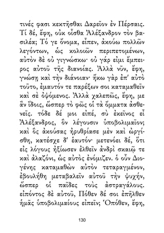 τινές φασι κεκτῆσθαι ∆αρεῖον ἐν Πέρσαις.
Τί δέ, ἔφη, οὐκ οἶσθα Ἀλέξανδρον τὸν βα-
σιλέα; Τό γε ὄνομα, εἶπεν, ἀκούω πολλῶν
λεγόντων, ὡς κολοιῶν περιπετομένων,
αὐτὸν δὲ οὐ γιγνώσκω· οὐ γάρ εἰμι ἔμπει-
ρος αὐτοῦ τῆς διανοίας. Ἀλλὰ νῦν, ἔφη,
γνώσῃ καὶ τὴν διάνοιαν· ἥκω γὰρ ἐπ' αὐτὸ
τοῦτο, ἐμαυτόν τε παρέξων σοι καταμαθεῖν
καὶ σὲ ὀψόμενος. Ἀλλὰ χαλεπῶς, ἔφη, με
ἂν ἴδοις, ὥσπερ τὸ φῶς οἱ τὰ ὄμματα ἀσθε-
νεῖς. τόδε δέ μοι εἰπέ, σὺ ἐκεῖνος εἶ
Ἀλέξανδρος, ὃν λέγουσιν ὑποβολιμαῖον;
καὶ ὃς ἀκούσας ἠρυθρίασε μὲν καὶ ὠργί-
σθη, κατέσχε δ' ἑαυτόν· μετενόει δέ, ὅτι
εἰς λόγους ἠξίωσεν ἐλθεῖν ἀνδρὶ σκαιῷ τε
καὶ ἀλαζόνι, ὡς αὐτὸς ἐνόμιζεν. ὁ οὖν ∆ιο-
γένης καταμαθὼν αὐτὸν τεταραγμένον,
ἐβουλήθη μεταβαλεῖν αὐτοῦ τὴν ψυχήν,
ὥσπερ οἱ παῖδες τοὺς ἀστραγάλους.
εἰπόντος δὲ αὐτοῦ, Πόθεν δέ σοι ἐπῆλθεν
ἡμᾶς ὑποβολιμαίους εἰπεῖν; Ὁπόθεν, ἔφη,
130
 