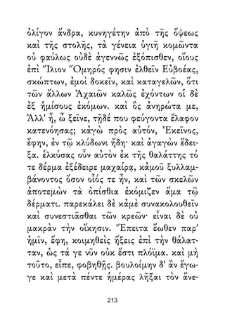 ὀλίγον ἄνδρα, κυνηγέτην ἀπὸ τῆς ὄψεως
καὶ τῆς στολῆς, τὰ γένεια ὑγιῆ κομῶντα
οὐ φαύλως οὐδὲ ἀγεννῶς ἐξόπισθεν, οἵους
ἐπὶ Ἴλιον Ὅμηρός φησιν ἐλθεῖν Εὐβοέας,
σκώπτων, ἐμοὶ δοκεῖν, καὶ καταγελῶν, ὅτι
τῶν ἄλλων Ἀχαιῶν καλῶς ἐχόντων οἱ δὲ
ἐξ ἡμίσους ἐκόμων. καὶ ὃς ἀνηρώτα με,
Ἀλλ' ἦ, ὦ ξεῖνε, τῇδέ που φεύγοντα ἔλαφον
κατενόησας; κἀγὼ πρὸς αὐτόν, Ἐκεῖνος,
ἔφην, ἐν τῷ κλύδωνι ἤδη· καὶ ἀγαγὼν ἔδει-
ξα. ἑλκύσας οὖν αὐτὸν ἐκ τῆς θαλάττης τό
τε δέρμα ἐξέδειρε μαχαίρᾳ, κἀμοῦ ξυλλαμ-
βάνοντος ὅσον οἷός τε ἦν, καὶ τῶν σκελῶν
ἀποτεμὼν τὰ ὀπίσθια ἐκόμιζεν ἅμα τῷ
δέρματι. παρεκάλει δὲ κἀμὲ συνακολουθεῖν
καὶ συνεστιᾶσθαι τῶν κρεῶν· εἶναι δὲ οὐ
μακρὰν τὴν οἴκησιν. Ἔπειτα ἕωθεν παρ'
ἡμῖν, ἔφη, κοιμηθεὶς ἥξεις ἐπὶ τὴν θάλατ-
ταν, ὡς τά γε νῦν οὐκ ἔστι πλόϊμα. καὶ μὴ
τοῦτο, εἶπε, φοβηθῇς. βουλοίμην δ' ἂν ἔγω-
γε καὶ μετὰ πέντε ἡμέρας λῆξαι τὸν ἄνε-
213
 