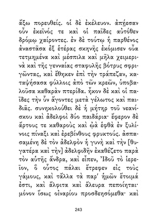 ἄξω πορευθείς. οἱ δὲ ἐκέλευον. ἀπῄεσαν
οὖν ἐκεῖνός τε καὶ οἱ παῖδες αὐτόθεν
δρόμῳ χαίροντες. ἐν δὲ τούτῳ ἡ παρθένος
ἀναστᾶσα ἐξ ἑτέρας σκηνῆς ἐκόμισεν οὖα
τετμημένα καὶ μέσπιλα καὶ μῆλα χειμερι-
νὰ καὶ τῆς γενναίας σταφυλῆς βότρυς σφρι-
γῶντας, καὶ ἔθηκεν ἐπὶ τὴν τράπεζαν, κα-
ταψήσασα φύλλοις ἀπὸ τῶν κρεῶν, ὑποβα-
λοῦσα καθαρὰν πτερίδα. ἧκον δὲ καὶ οἱ πα-
ῖδες τὴν ὗν ἄγοντες μετὰ γέλωτος καὶ παι-
διᾶς. συνηκολούθει δὲ ἡ μήτηρ τοῦ νεανί-
σκου καὶ ἀδελφοὶ δύο παιδάρια· ἔφερον δὲ
ἄρτους τε καθαροὺς καὶ ᾠὰ ἑφθὰ ἐν ξυλί-
νοις πίναξι καὶ ἐρεβίνθους φρυκτούς. ἀσπα-
σαμένη δὲ τὸν ἀδελφὸν ἡ γυνὴ καὶ τὴν [θυ-
γατέρα καὶ τὴν] ἀδελφιδῆν ἐκαθέζετο παρὰ
τὸν αὑτῆς ἄνδρα, καὶ εἶπεν, Ἰδοῦ τὸ ἱερε-
ῖον, ὃ οὗτος πάλαι ἔτρεφεν εἰς τοὺς
γάμους, καὶ τἄλλα τὰ παρ' ἡμῶν ἕτοιμά
ἐστι, καὶ ἄλφιτα καὶ ἄλευρα πεποίηται·
μόνον ἴσως οἰναρίου προσδεησόμεθα· καὶ
243
 