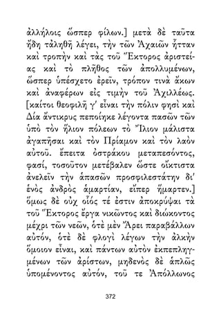 ἀλλήλοις ὥσπερ φίλων.] μετὰ δὲ ταῦτα
ἤδη τἀληθῆ λέγει, τὴν τῶν Ἀχαιῶν ἧτταν
καὶ τροπὴν καὶ τὰς τοῦ Ἕκτορος ἀριστεί-
ας καὶ τὸ πλῆθος τῶν ἀπολλυμένων,
ὥσπερ ὑπέσχετο ἐρεῖν, τρόπον τινὰ ἄκων
καὶ ἀναφέρων εἰς τιμὴν τοῦ Ἀχιλλέως.
[καίτοι θεοφιλῆ γ' εἶναι τὴν πόλιν φησὶ καὶ
∆ία ἄντικρυς πεποίηκε λέγοντα πασῶν τῶν
ὑπὸ τὸν ἥλιον πόλεων τὸ Ἴλιον μάλιστα
ἀγαπῆσαι καὶ τὸν Πρίαμον καὶ τὸν λαὸν
αὐτοῦ. ἔπειτα ὀστράκου μεταπεσόντος,
φασί, τοσοῦτον μετέβαλεν ὥστε οἴκτιστα
ἀνελεῖν τὴν ἁπασῶν προσφιλεστάτην δι'
ἑνὸς ἀνδρὸς ἁμαρτίαν, εἴπερ ἥμαρτεν.]
ὅμως δὲ οὐχ οἷός τέ ἐστιν ἀποκρύψαι τὰ
τοῦ Ἕκτορος ἔργα νικῶντος καὶ διώκοντος
μέχρι τῶν νεῶν, ὁτὲ μὲν Ἄρει παραβάλλων
αὐτόν, ὁτὲ δὲ φλογὶ λέγων τὴν ἀλκὴν
ὅμοιον εἶναι, καὶ πάντων αὐτὸν ἐκπεπληγ-
μένων τῶν ἀρίστων, μηδενὸς δὲ ἁπλῶς
ὑπομένοντος αὐτόν, τοῦ τε Ἀπόλλωνος
372
 
