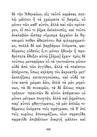 δὲ τὴν Ἀθηναίων, εἰς ταὐτὸ κεράσας πολ-
λῷ μᾶλλον ἢ τὰ χρώματα οἱ βαφεῖς, οὐ
μόνον τῶν καθ' αὑτόν, ἀλλὰ καὶ τῶν πρότε-
ρον, εἴ πού τι ῥῆμα ἐκλελοιπός, καὶ τοῦτο
ἀναλαβὼν ὥσπερ νόμισμα ἀρχαῖον ἐκ θη-
σαυροῦ ποθεν ἀδεςπότου διὰ φιλορρηματί-
αν, πολλὰ δὲ καὶ βαρβάρων ὀνόματα, φει-
δόμενος οὐδενὸς ὅ,τι μόνον ἡδονὴν ἢ σφο-
δρότητα ἔδοξεν αὐτῷ [ῥῆμα] ἔχειν· πρὸς δὲ
τούτοις μεταφέρων οὐ τὰ γειτνιῶντα μόνον
οὐδὲ ἀπὸ τῶν ἐγγύθεν, ἀλλὰ τὰ πλεῖστον
ἀπέχοντα, ὅπως κηλήσῃ τὸν ἀκροατὴν μετ'
ἐκπλήξεως καταγοητεύσας, καὶ οὐδὲ τα-
ῦτα κατὰ χώραν ἐῶν, ἀλλὰ τὰ μὲν μηκύ-
νων, τὰ δὲ συναιρῶν, τὰ δὲ ἄλλως παρα-
τρέπων· τελευτῶν δὲ αὑτὸν ἀπέφαινεν οὐ
μόνον μέτρων ποιητήν, ἀλλὰ καὶ ῥημάτων,
παρ' αὑτοῦ φθεγγόμενος, τὰ μὲν ἁπλῶς τι-
θέμενος ὀνόματα τοῖς πράγμασι, τὰ δ' ἐπὶ
τοῖς κυρίοις ἐπονομάζων, οἷον σφραγῖδα
σφραγῖδι ἐπιβάλλων ἐναργῆ μᾶλλον καὶ
456
 