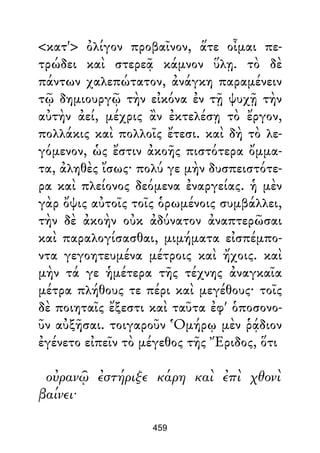<κατ'> ὀλίγον προβαῖνον, ἅτε οἶμαι πε-
τρώδει καὶ στερεᾷ κάμνον ὕλῃ. τὸ δὲ
πάντων χαλεπώτατον, ἀνάγκη παραμένειν
τῷ δημιουργῷ τὴν εἰκόνα ἐν τῇ ψυχῇ τὴν
αὐτὴν ἀεί, μέχρις ἂν ἐκτελέσῃ τὸ ἔργον,
πολλάκις καὶ πολλοῖς ἔτεσι. καὶ δὴ τὸ λε-
γόμενον, ὡς ἔστιν ἀκοῆς πιστότερα ὄμμα-
τα, ἀληθὲς ἴσως· πολύ γε μὴν δυσπειστότε-
ρα καὶ πλείονος δεόμενα ἐναργείας. ἡ μὲν
γὰρ ὄψις αὐτοῖς τοῖς ὁρωμένοις συμβάλλει,
τὴν δὲ ἀκοὴν οὐκ ἀδύνατον ἀναπτερῶσαι
καὶ παραλογίσασθαι, μιμήματα εἰσπέμπο-
ντα γεγοητευμένα μέτροις καὶ ἤχοις. καὶ
μὴν τά γε ἡμέτερα τῆς τέχνης ἀναγκαῖα
μέτρα πλήθους τε πέρι καὶ μεγέθους· τοῖς
δὲ ποιηταῖς ἔξεστι καὶ ταῦτα ἐφ' ὁποσονο-
ῦν αὐξῆσαι. τοιγαροῦν Ὁμήρῳ μὲν ῥᾴδιον
ἐγένετο εἰπεῖν τὸ μέγεθος τῆς Ἔριδος, ὅτι
οὐρανῷ ἐστήριξε κάρη καὶ ἐπὶ χθονὶ
βαίνει·
459
 